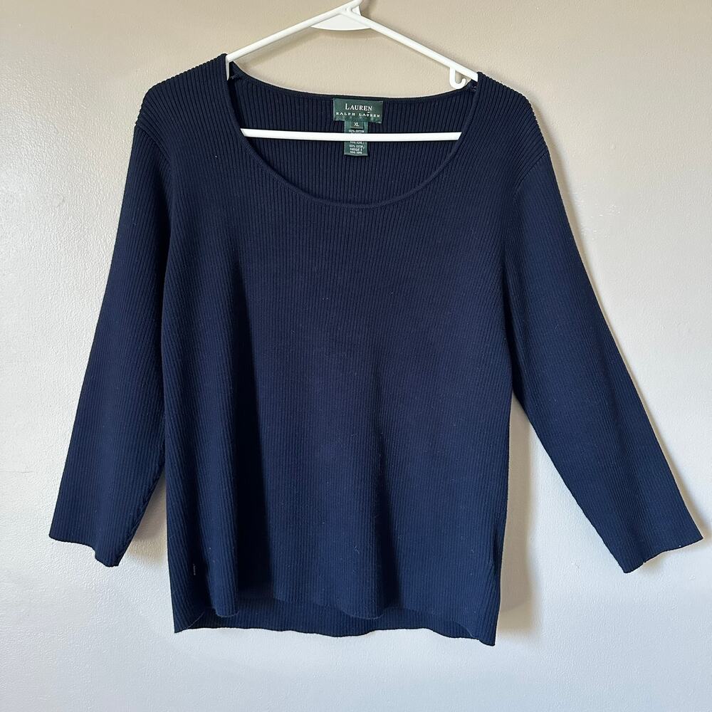 Lauren Ralph Lauren Vintage Blue Ribbed Knit Sweater Preppy Nautical 3/4 Sleeves